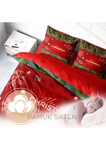 Yılbaşı Süsü Merry Christmas Çift Kişilik 3D Nevresim Takımı Pamuk Saten