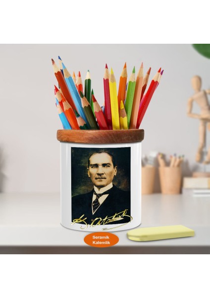 Kravatlı Asil Mustafa Kemal Ahşap Seramik Kalemlik -R248