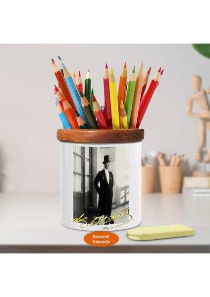 Modern Mustafa Kemal Atatürk Ahşap Seramik KALEMLIK-A2644