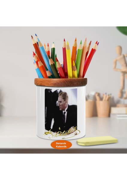 Mustafa Kemal Atatürk Yan Portre Ahşap Seramik Kalemlik-A(68)