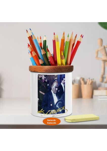 Silindir Şapkalı Mustafa Kemal Atatürk Ahşap Seramik Kalemlik-64