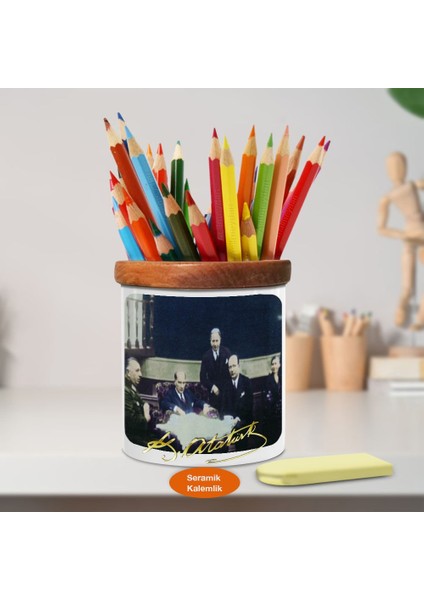 Mustafa Kemal Atatürk Ahşap Seramik Kalemlik-Ataturk (963)