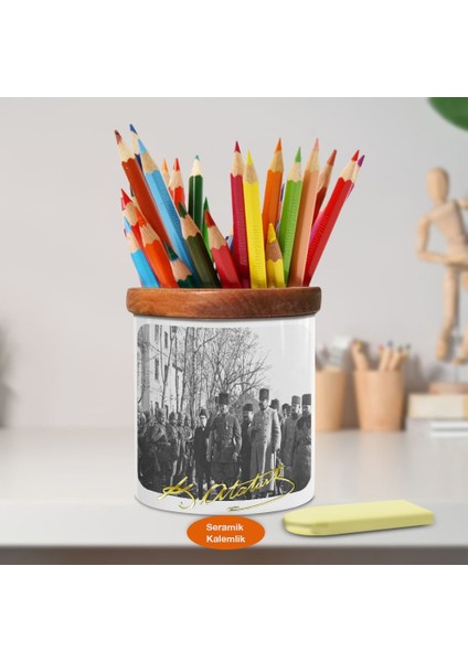 Önder Mustafa Kemal Atatürk Portre Ahşap Seramik Kalemlik -S307