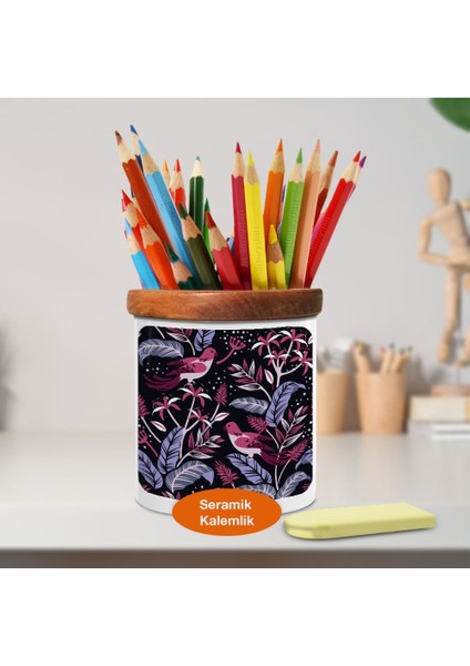 Ağaç Dallarında Minik Kuşlar Ahşap Seramik KALEMLIK-86344