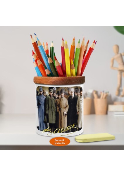 Kalpaklı Mustafa Kemal Atatürk Ahşap Seramik Kalemlik-A(16)
