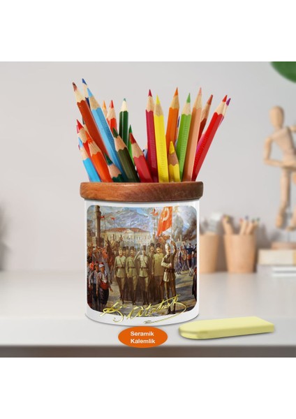 Tören Geçiti Mustafa Kemal Atatürk Ahşap Seramik Kalemlik-A(1)