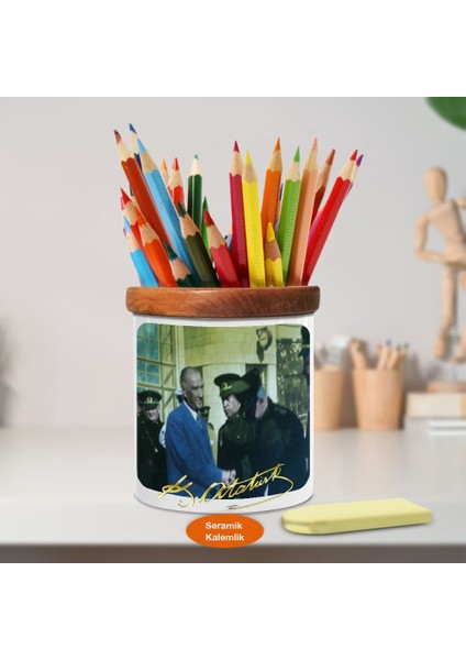 Gazi Mustafa Kemal Atatürk Ahşap Seramik Kalemlik-Ataturk (948)