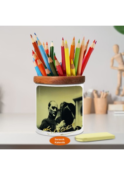 Yan Portre Mustafa Kemal Atatürk Ahşap Seramik KALEMLIK-763