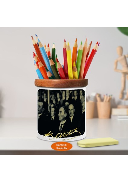 Önder Mustafa Kemal Atatürk Ahşap Seramik KALEMLIK-S378
