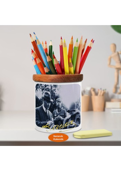 Şapkalı Mustafa Kemal Atatürk Ahşap Seramik KALEMLIK-707