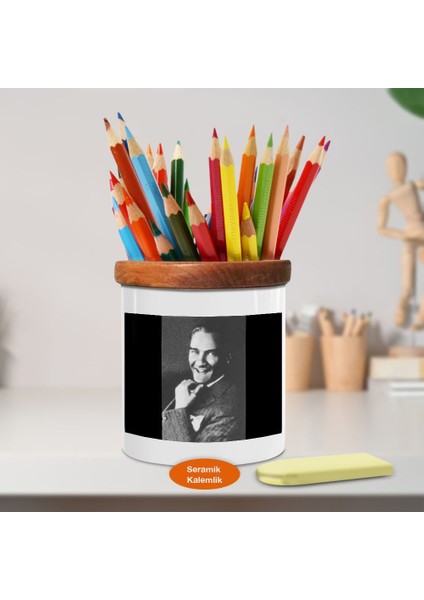Gülen Kemal Atatürk Portre Ahşap Seramik Kalemlik -ATATURK1122)