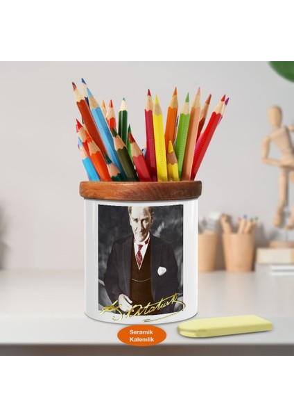 Gülümseyen Şık Mustafa Kemal Atatürk Ahşap Seramik Kalemlik -6