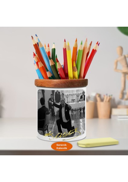 Zeynek Oynayan Atatürk Ahşap Seramik KALEMLIK-TDYWYN4CHKS