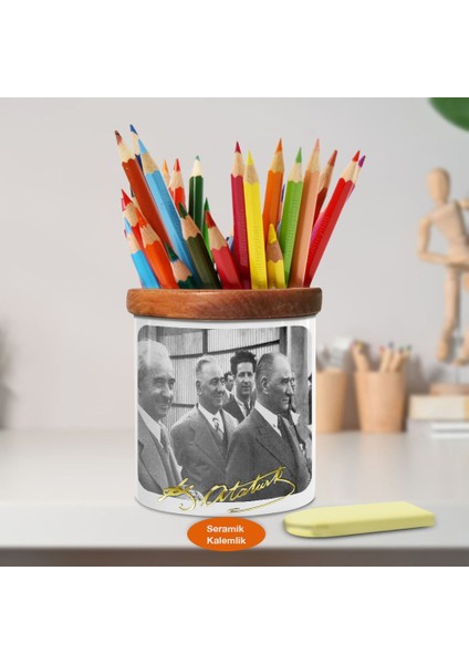 Ismet Inönü ve Mustafa Kemal Atatürk Ahşap Seramik KALEMLIK-124