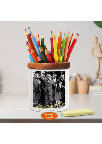Mustafa Kemal Atatürk ve Arkadaşları Ahşap Seramik Kalemlik - 61