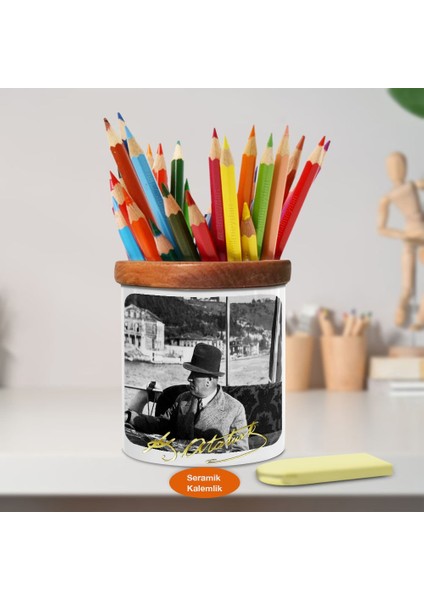 Şapkalı Mustafa Kemal Atatürk Ahşap Seramik Kalemlik - 1.jpeg