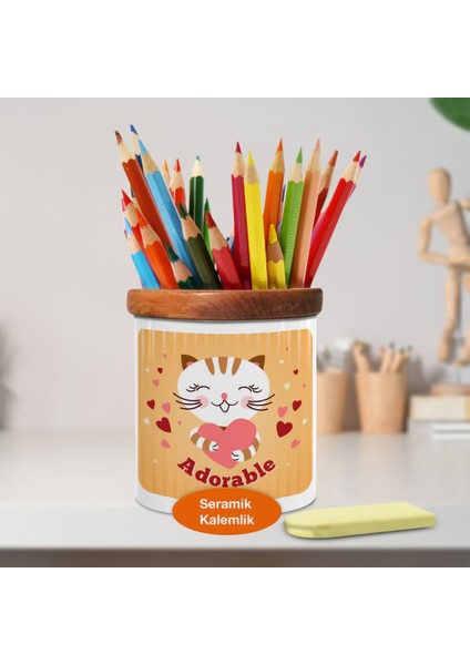 Sevimli Kalpli Kedi Ahşap Seramik Kalemlik - 2147510350
