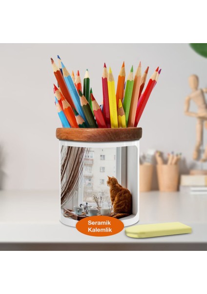 Pencere Önünde Kedicik Ahşap Seramik Kalemlik - 2148079725