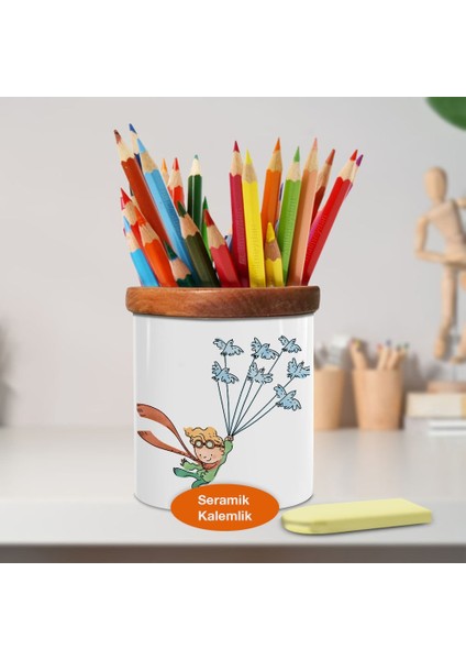 Kuş Uçuran Küçük Prens Ahşap Seramik Kalemlik - 2775541524