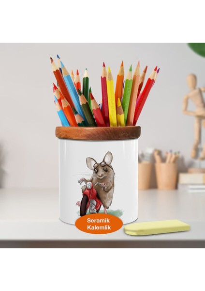 Motorlu Sevimli Fare Ahşap Seramik Kalemlik - 363792915202665