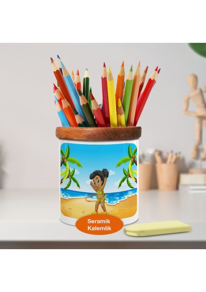 Sahilde Yazcı Kız Ahşaplı Seramik Kalemlik - 1308-24602