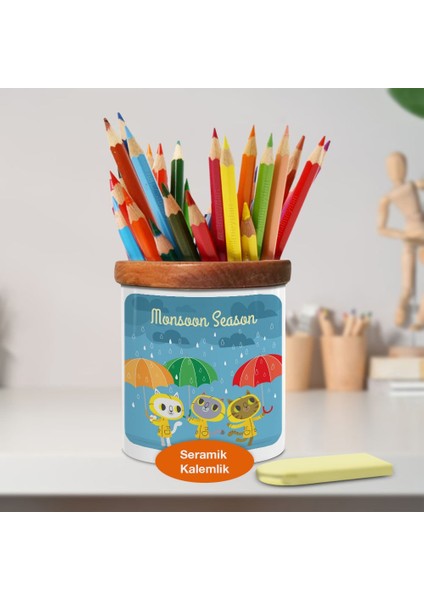 Renkli Şemsiyeli Çocuklar Ahşaplı Seramik Kalemlik -2147659800