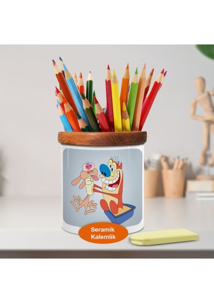 Neşeli Dost Hayvanlar Ahşaplı Seramik Kalemlik - Cartoon-Animals