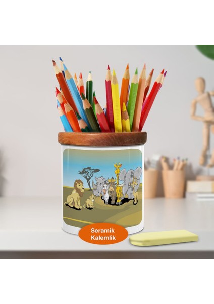 Safari Hayvanlar Ahşaplı Seramik Kalemlik - 1075
