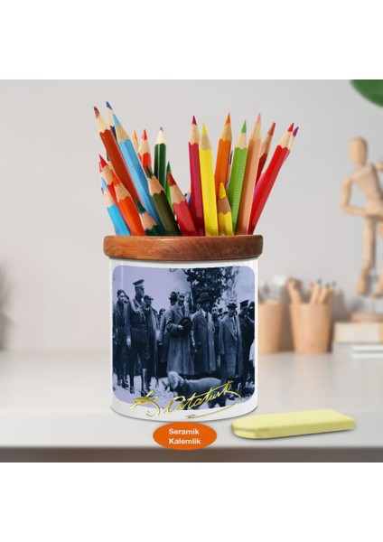 Mustafa Kemal Atatürk Azarizde Ahşap Seramik KALEMLIK-679