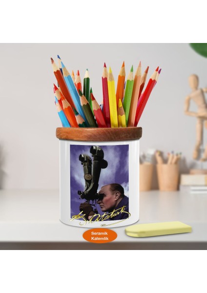 Asker Dürbünlü Mustafa Kemal Atatürk Ahşap Seramik Kalemlik -218