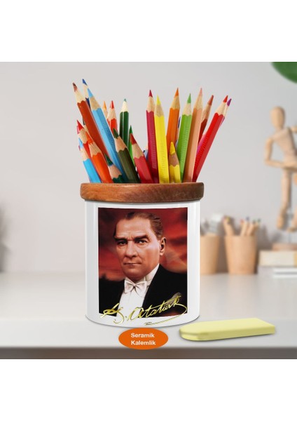 Asil Lider Mustafa Kemal Paşa Ahşap Seramik Kalemlik - ATATÜR98)