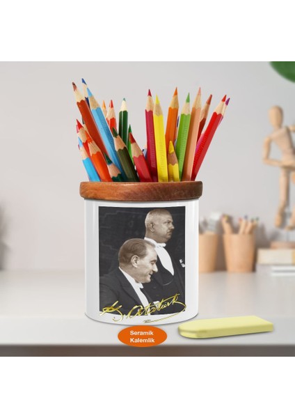 Güler Yüzlü Mustafa Kemal Atatürk Ahşap Seramik Kalemlik - 12 1)