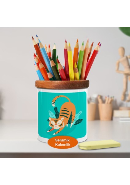 Esneyen Sevimli Kaplan Ahşap Seramik Kalemlik - 2147996898
