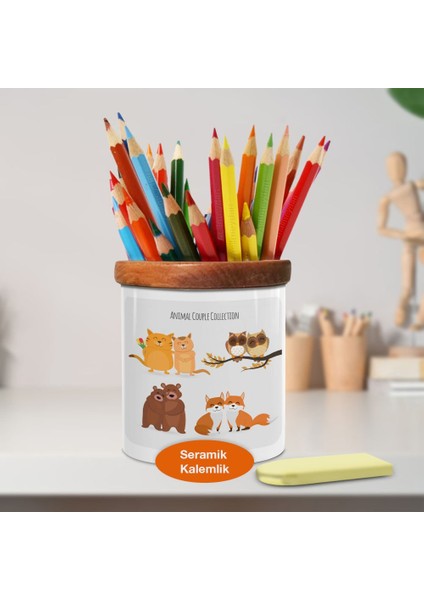 Sevimli Hayvan Çiftleri Ahşap Seramik Kalemlik - 2147750380