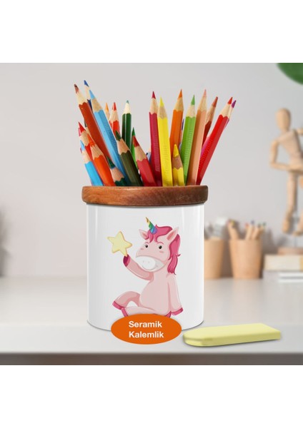 Yıldız Tutan Unicorn Ahşaplı Seramik Kalemlik - 1308-22405