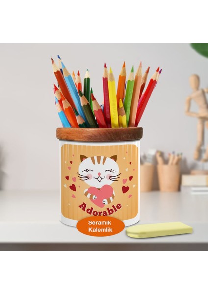 Pembe Kalpli Gülümseyen Kedicik Ahşaplı Seramik Kalemlik -2147510350