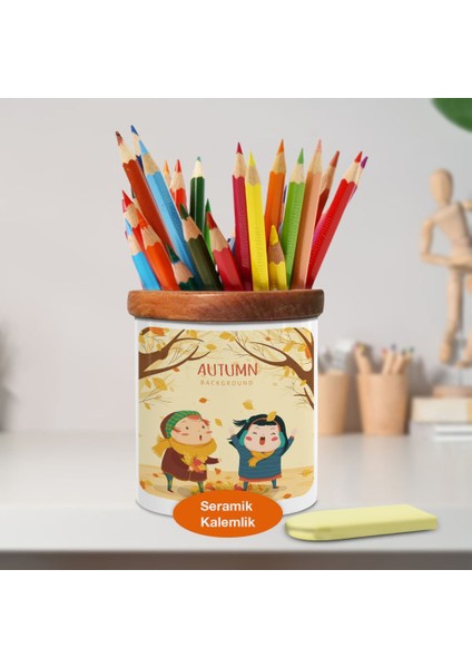 Sonbahar Mevsiminde Iki Arkadaş Ahşaplı Seramik Kalemlik -21478