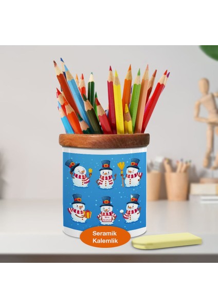 Sevimli Karakter Kardan Adam Ahşaplı Seramik Kalemlik - 52683321