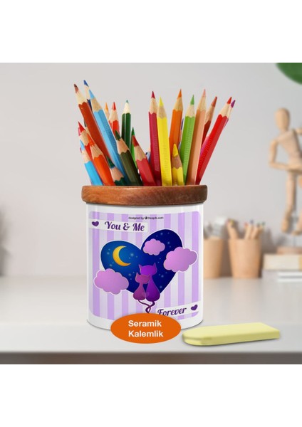 Kalp Içinde Sevgili Kedi Ahşap Seramik Kalemlik - 2147542115