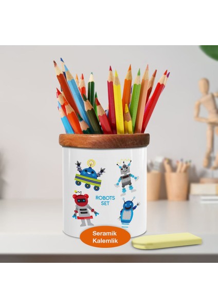 Sevimli Renkli Robotlar Ahşap Seramik Kalemlik - 2147721970