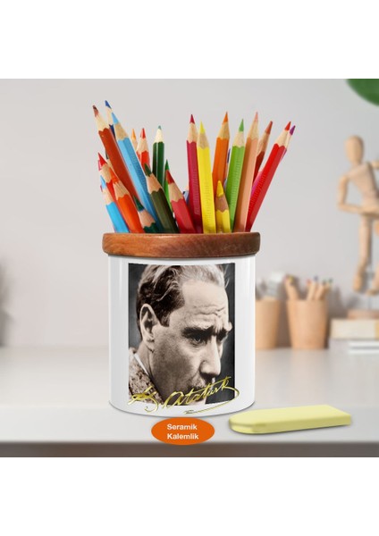Mustafa Kemal Atatürk Yan Portre Ahşap Seramik Kalemlik-15