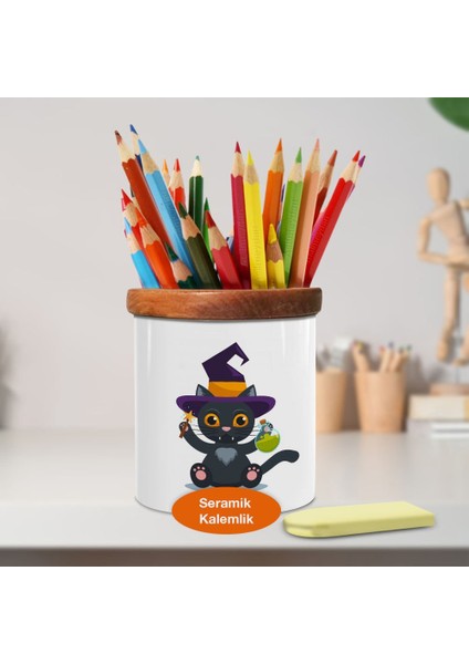 Cadı Şapkalı Kedicik Ahşap Seramik Kalemlik - 23-2147919003