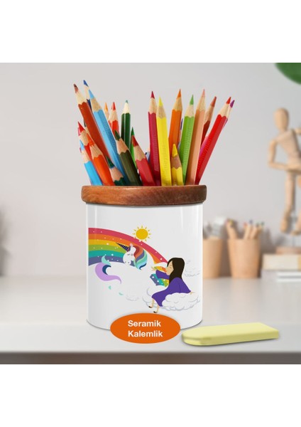 Gökkuşağı Altında Unicorn Ahşap Seramik Kalemlik - 4948715