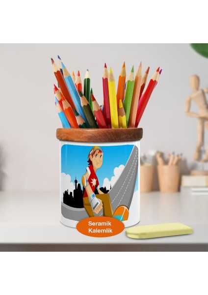 Kaykay Kullanan Çocuk Ahşaplı Seramik Kalemlik - 6_72320