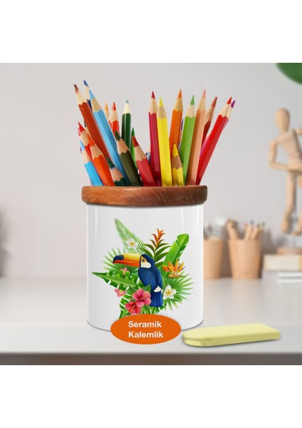 Tropikal Hayvan Papağan Ahşaplı Seramik Kalemlik - 1284-12916