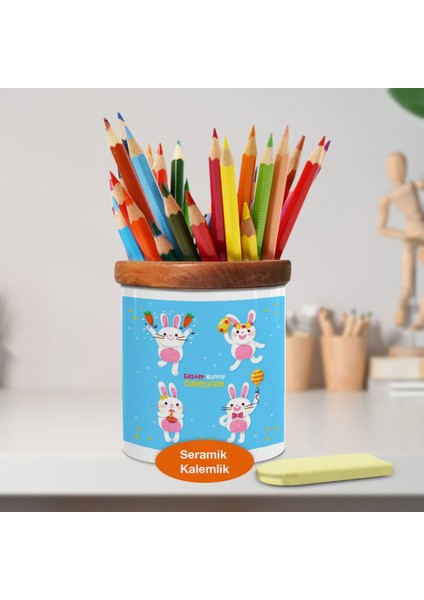 Paskalya Eğlence Tavşanı Ahşaplı Seramik Kalemlik - 2147754180