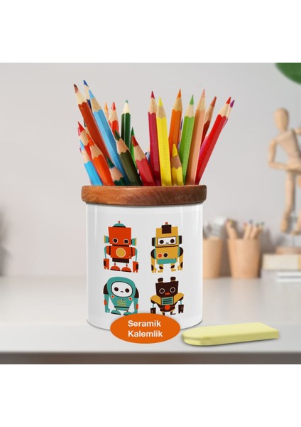 Renkli Tatlı Robotlar Ahşaplı Seramik Kalemlik -2147725183
