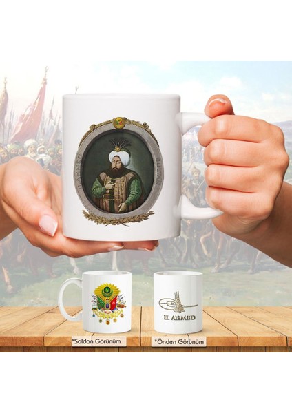 Osmanlı Padişahları Serisi - Iı. Ahmed - Fotoğrafı ve Tuğrası - Arma - Renkli Baskılı Kupa Bardak