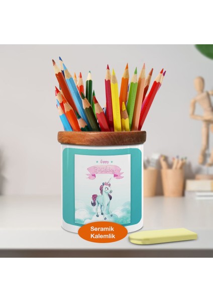 Bulutların Üstünde Sevimli Unicorn Atı Ahşap Seramik Kalemlik-49