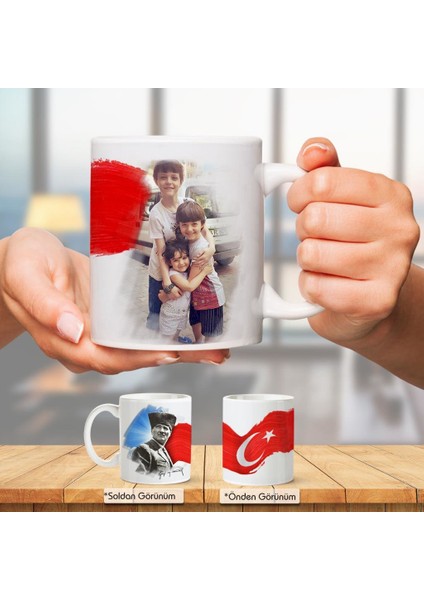 Kişiye Özel Atatürk ve Bayrak Temalı Fotoğraf Baskılı Çift Yön Kişiye Özel Hediyelik Kupa Bardak